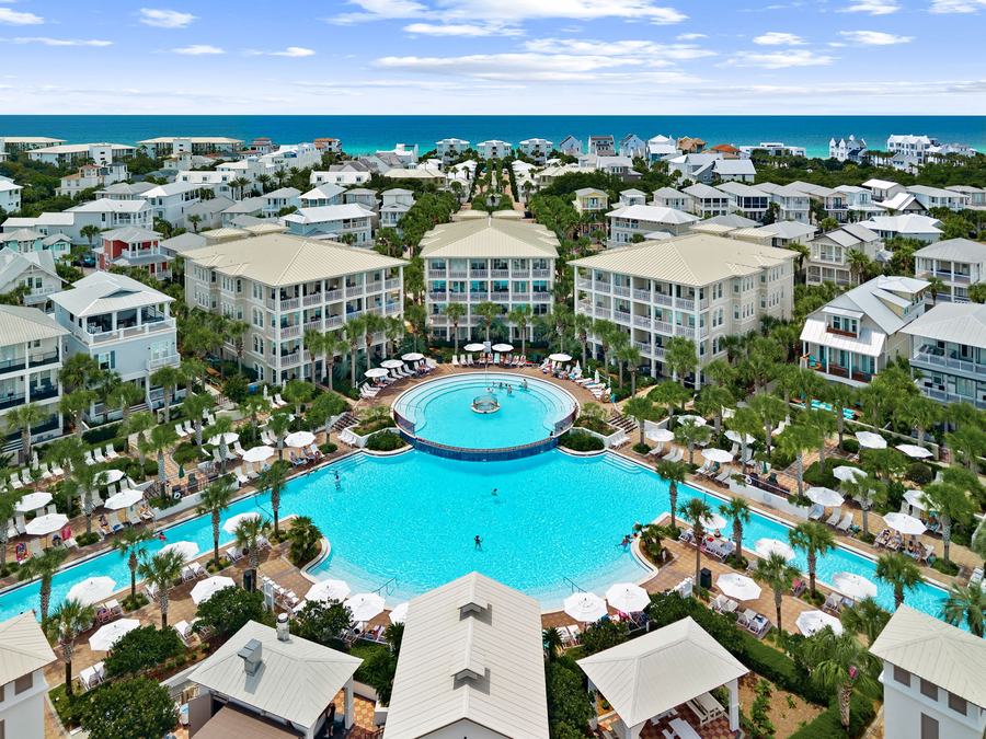 Aerial view of the Seacrest Beach lagoon pool, with the Gulf of America beyond