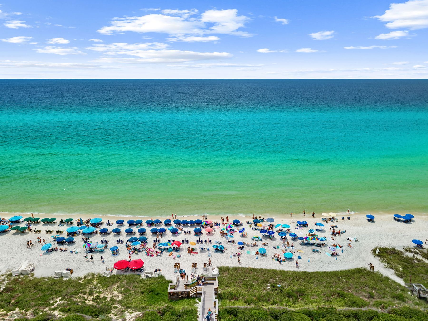 Aerial view of the beach and boardwalk on the Gulf of America